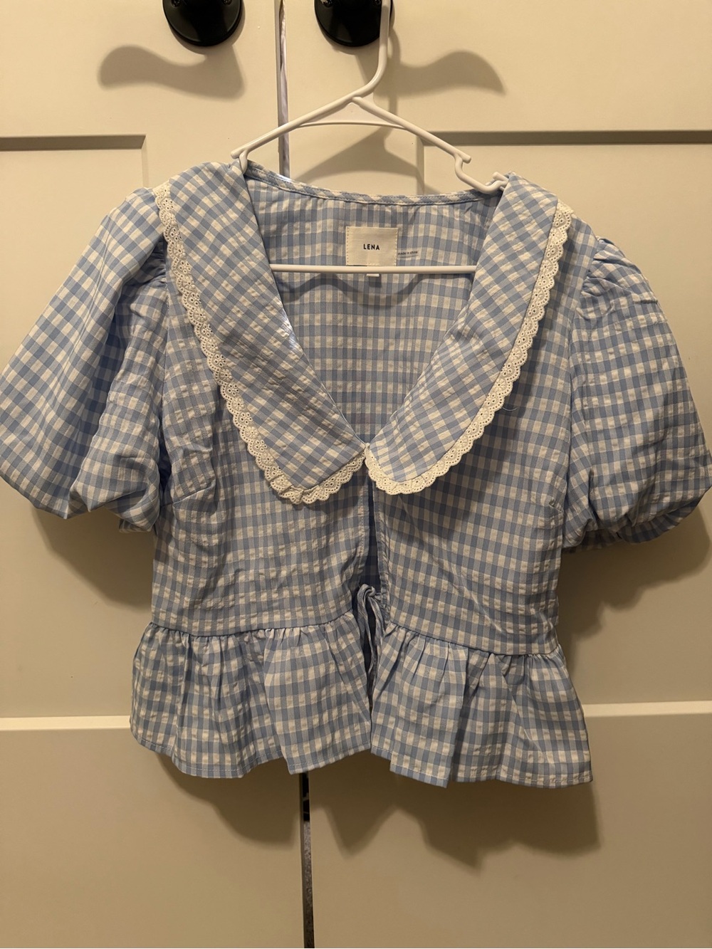 Lena Light Blue Gingham Lace-Trim Peplum Top